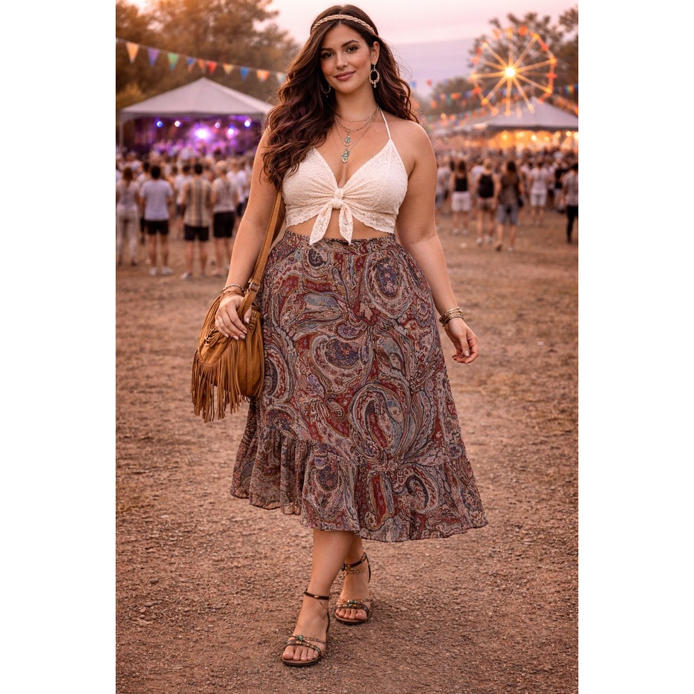 Boho Festival Evan Picone Paisley Ruffle High Low Hem Red Blue 16W Maxi Skirt